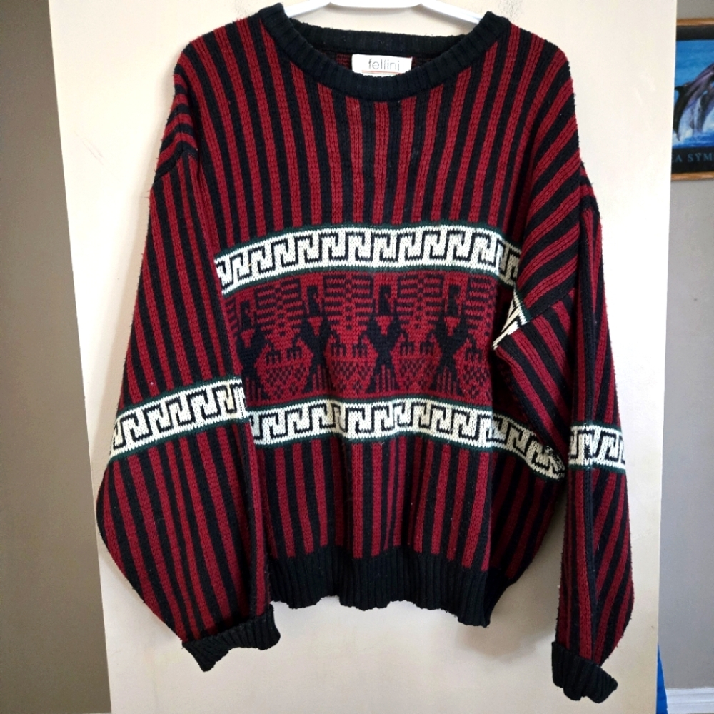5 for $25 Vintage Fellini Folk Pattern Red and Black Men's Sweater Mens Large